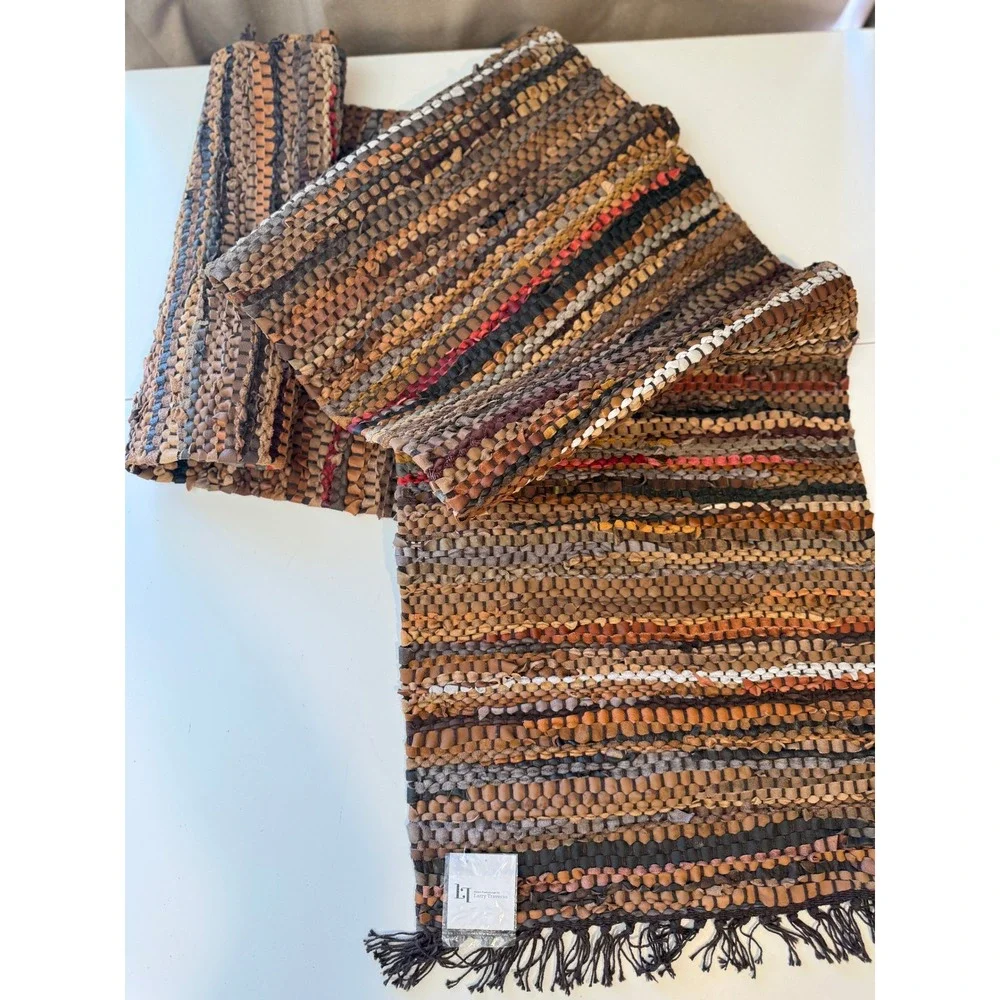 Larry Traverso Tucson Woven Leather Table Runner 18x96 Brown Striped Fringed NEW